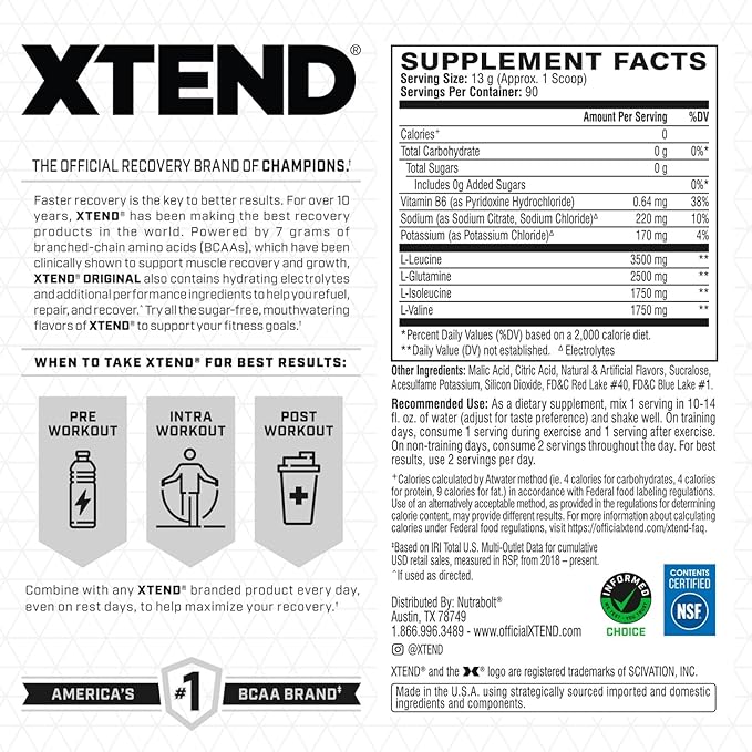 XTEND Original BCAA Powder Knockout Fruit Punch | Sugar Free Post Workout Muscle Recovery Drink with Amino Acids | 7g BCAAs for Men & Women | 90 Servings