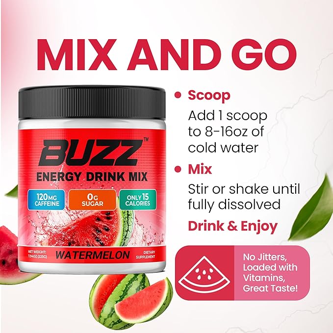 Morning Buzz Energy Drink Powder - Energy Boost Drink Mix - Sugar-Free Energy with Antioxidants - Morning Kickstart and Sports Nutrition Endurance Product - 30 Servings, Watermelon, 8 Ounces