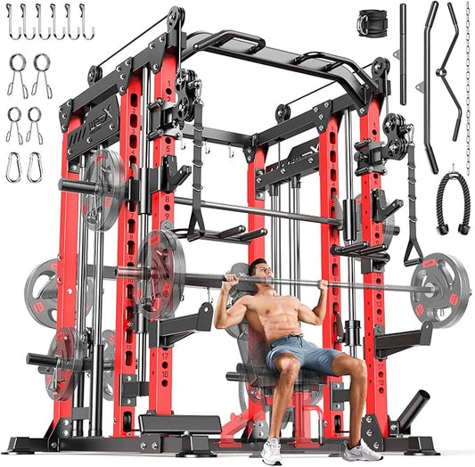 Smith Machine with Cable Crossover System, Multi-Function Power Cage Squat Rack for Home Gym, Power Rack and Packages Weight Sets.