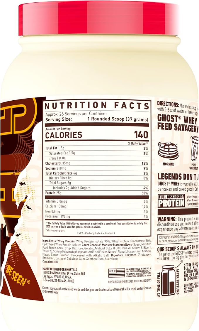GHOST Whey Protein Powder, Count Chocula - 2.12LB, 25G of Protein - Whey Protein Blend - ­Post Workout Fitness & Nutrition Shakes, Smoothies, Baking & Cooking - Soy & Gluten-Free
