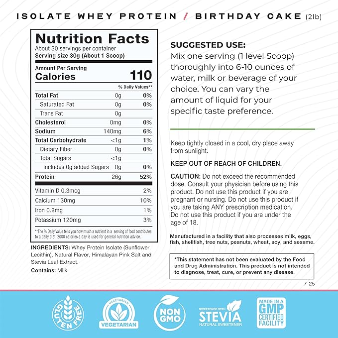 Muscle Feast Grass-Fed Whey Protein Isolate, All Natural Hormone Free Pasture Raised, Whey Isolate Protein Powder for Men and Women, Clean, Gluten-Free, Delicious Isolate Protein - Birthday Cake, 2lb