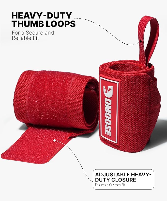 DMoose Fitness Wrist Wraps for Weightlifting 18" - Heavy Duty Gym Wrap with Hand Thumb Loop for Support & Pain Relief, USPA Approved Powerlifting, Weight Lifting Wrist Straps for Men & Women Work Out