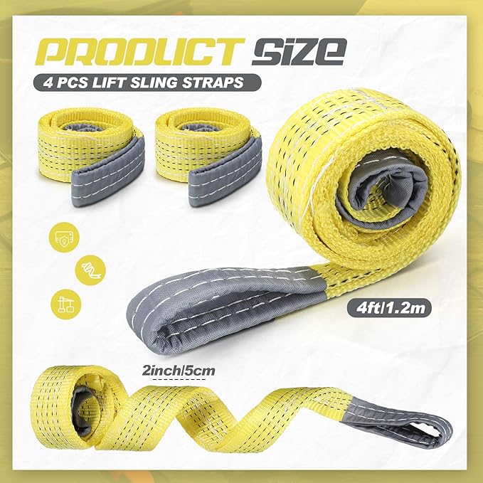 4 Pcs Lift Sling Straps Heavy Duty Web Slings Straps Polyester Nylon for Hoist Car Outdoor Using