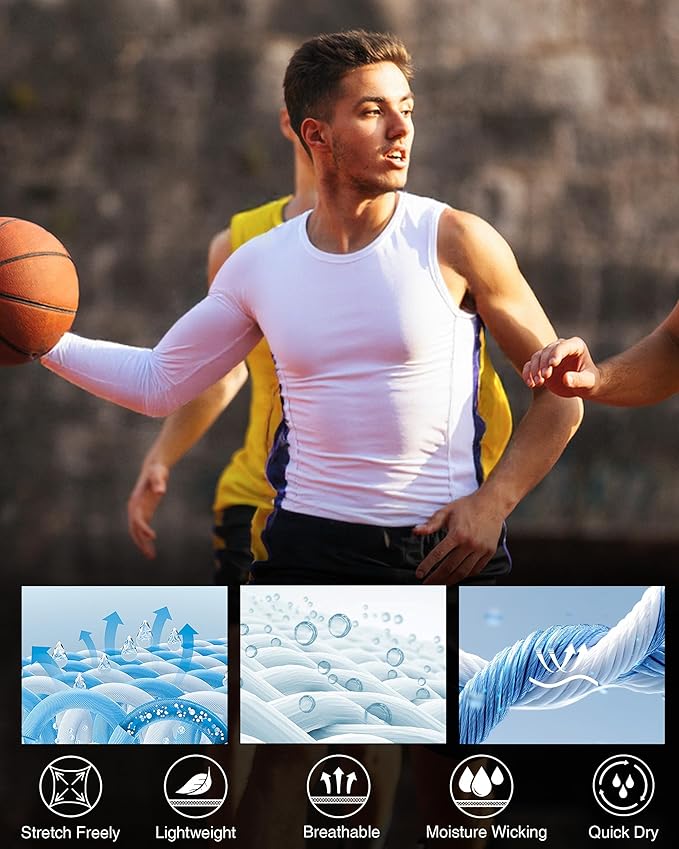 Mens One Arm Sleeve Compression Shirts 1/2 Long Sleeve Athletic Base Layer Undershirt Basketball Workout Top