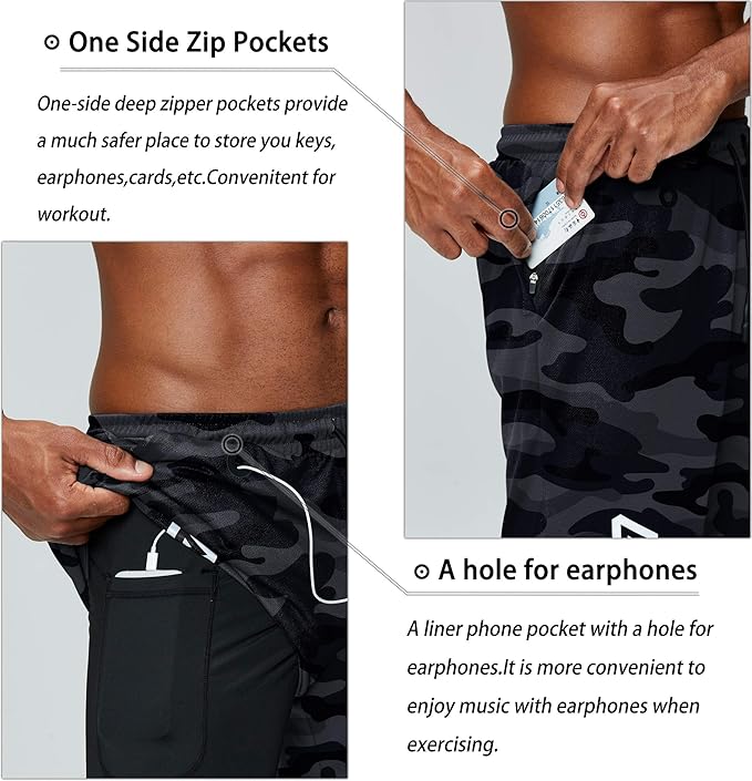 Pinkbomb Men's 2 in 1 Running Shorts Gym Workout Quick Dry Mens Shorts with Phone Pocket