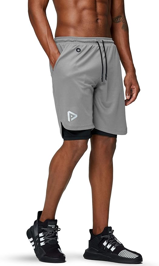 Pinkbomb Men's 2 in 1 Running Shorts Gym Workout Quick Dry Mens Shorts with Phone Pocket