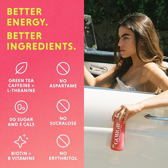 GORGIE Sugar Free Natural Energy Drinks, Sparkling Watermelon Crush (12 Pack) - Healthy Energy Drink - Natural Coffee Replacement with Green Tea Caffeine and Biotin, 150mg Caffeine, Vegan, Low Calorie