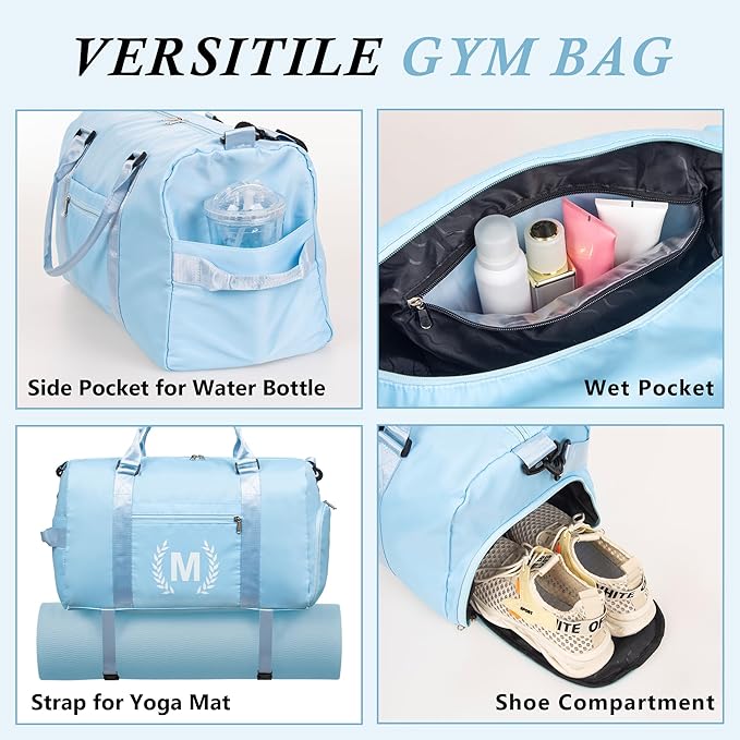 Gym Bag for Women, Personalized Duffle Bag with Shoe Compartment, Sports Bag for Yoga & Dance with Wet Pocket and Mat Strap.