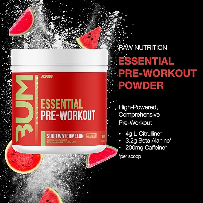 RAW Essential Pre-Workout Powder (Sour Watermelon) - Chris Bumstead Sports Nutrition Supplement for Men & Women - Preworkout Energy Powder with Caffeine, L-Citrulline, L-Tyrosine, & Beta Alanine Blend