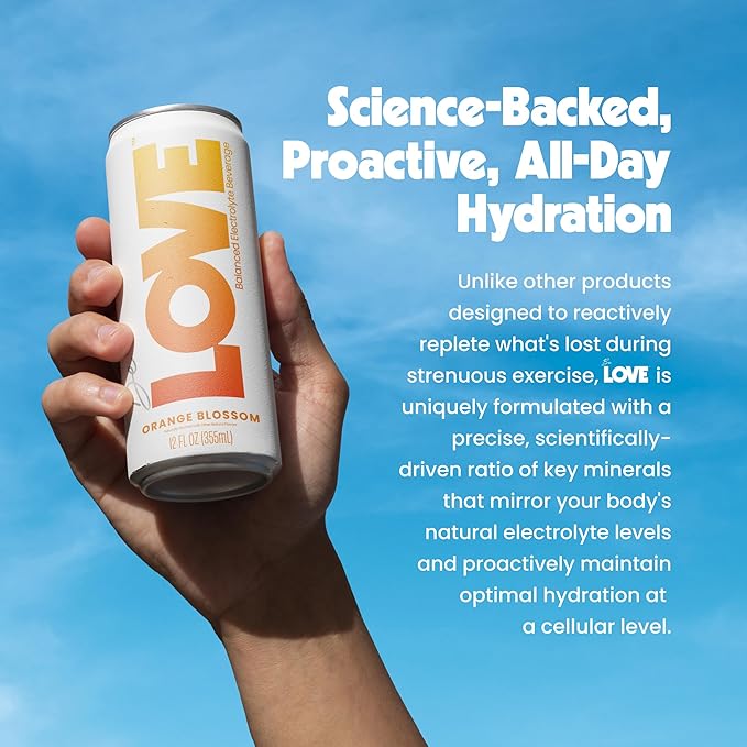 Be LOVE Balanced Electrolyte Beverage with Magnesium, Potassium & Sodium - Purified Still Beverage for Daily Hydration, Exercise, Work & Wellness- Zero Sugar, Gluten Free (Orange Blossom, 12oz x 12ct)
