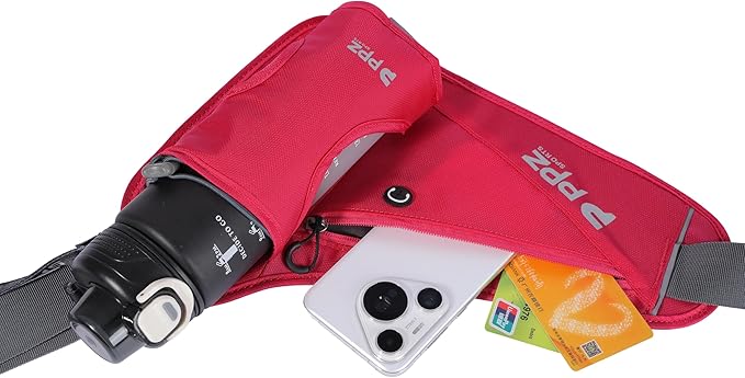 PPZ sports waist bag with bottle rack, waterproof, 2 pockets, adjustable belt - suitable for running, fitness, jogging and outdoor activities (pink)