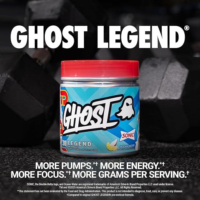 GHOST Legend Pre-Workout Powder, Sonic Ocean Water - 30 Servings – Pre-Workout for Men & Women with Choline, L-Citrulline, & Beta Alanine for Energy & Focus