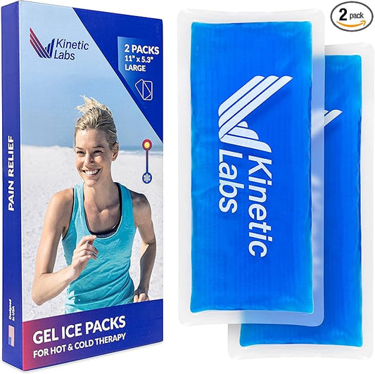 Reusable Gel Ice Packs for Injuries by Kinetic Labs (2 Pack) - Hot Cold Packs for Injuries 11" x 5.3" - Flexible Ice Packs for Back Head Knee Shoulder Neck Ankle Elbow Feet Headaches Surgery (Large)