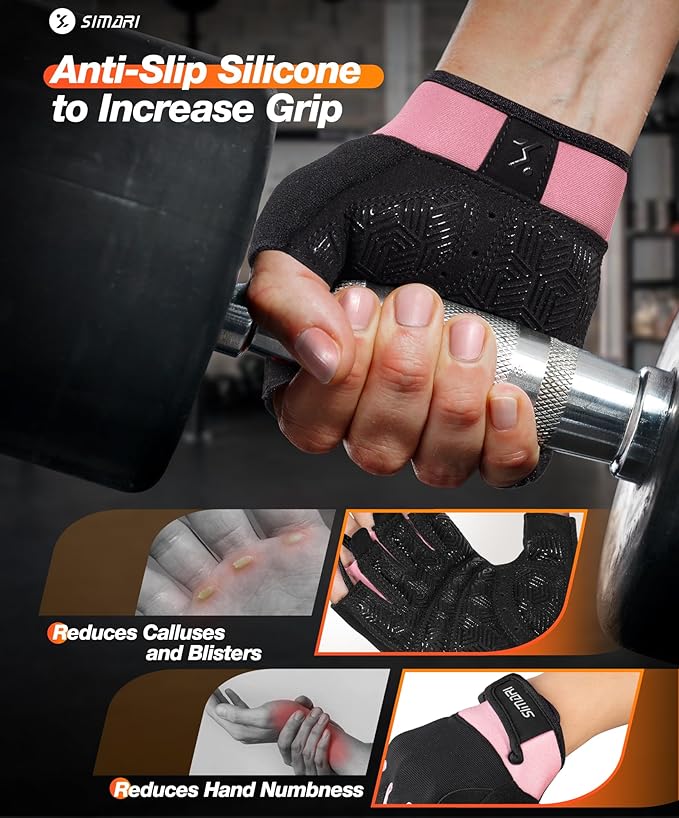 SIMARI Breathable Workout Gloves for Men & Women, Weight Lifting Gloves with Padded, Grip, Full Palm Protection, Gift for Gym Exercise, Cycling, Weightlifting Training, Fitness, Black, Pink, Size