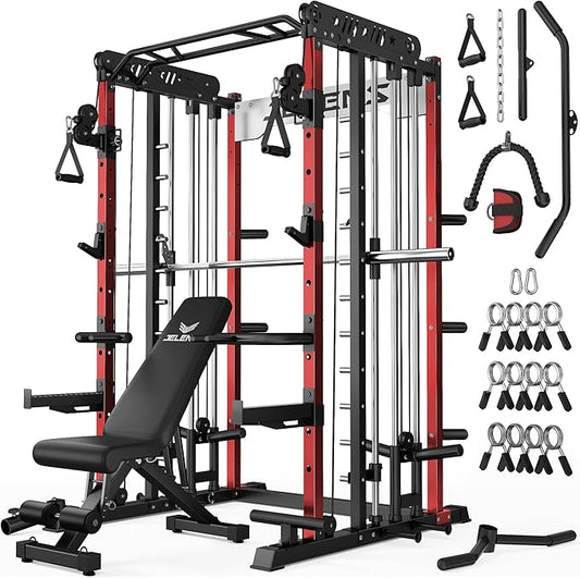 Smith Machine for Home Gym, Multi-Function M12 Power Cage with Cable Crossover System, Squat Rack with Smith Bar and More Attachment