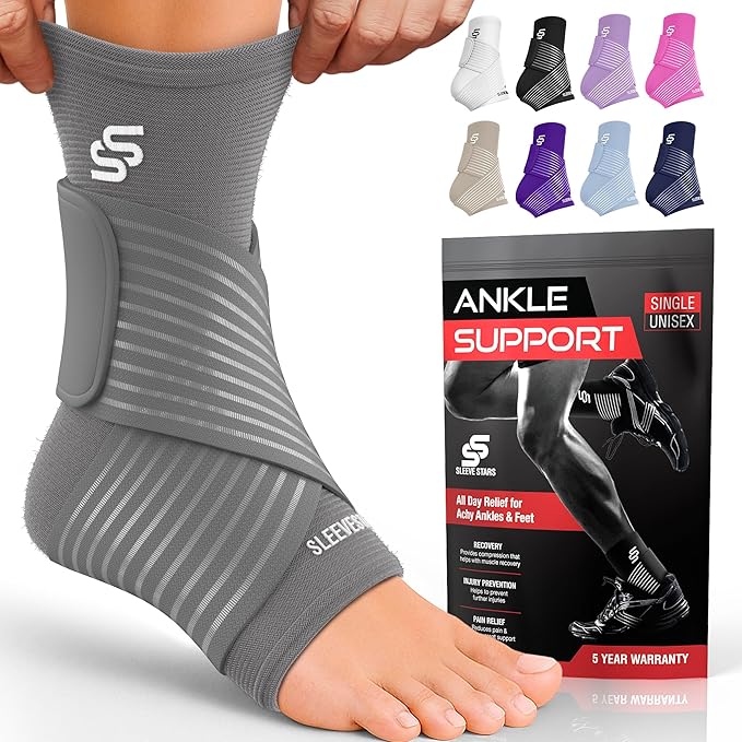 Sleeve Stars Ankle Brace for Women & Men, Ankle Wrap for Sprained Ankle, Compression Sleeve for Plantar Fasciitis Relief, Easy Customizable Support: w/Removable Strap (Single/S:9"-10"/Gray)