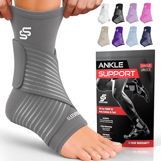 Sleeve Stars Ankle Brace for Women & Men, Ankle Wrap for Sprained Ankle, Compression Sleeve for Plantar Fasciitis Relief, Easy Customizable Support: w/Removable Strap (Single/S:9"-10"/Gray)