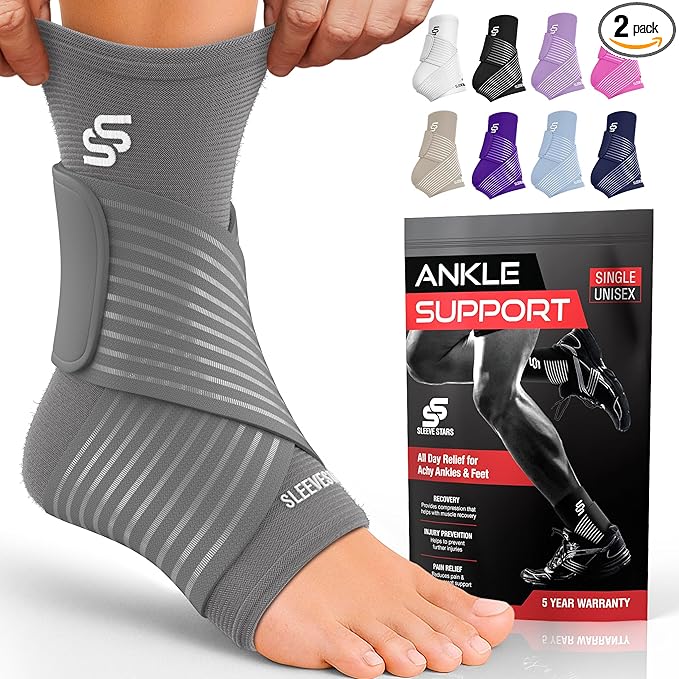 Sleeve Stars Ankle Brace for Women & Men, Ankle Wrap for Sprained Ankle, Compression Sleeve for Plantar Fasciitis Relief, Easy Customizable Support: w/Removable Strap (Pair/M:10"-12"/Gray)