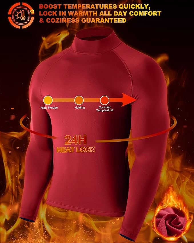 Men's Thermal Compression Shirts, Long Sleeve Fleece Lined Turtleneck Undershirt, Cold Weather Ski Base Layer Tops