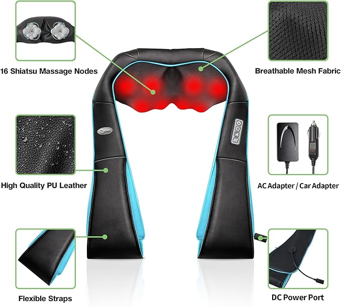 cotsoco Neck Massager, Shiatsu Neck and Back Massager with Heat for Pain Relief, Deep Tissue 3D Kneading Massage Pillow, Relaxation Gifts for Men and Women, Gifts for Dad, Elderly,Wife（Turquoise）