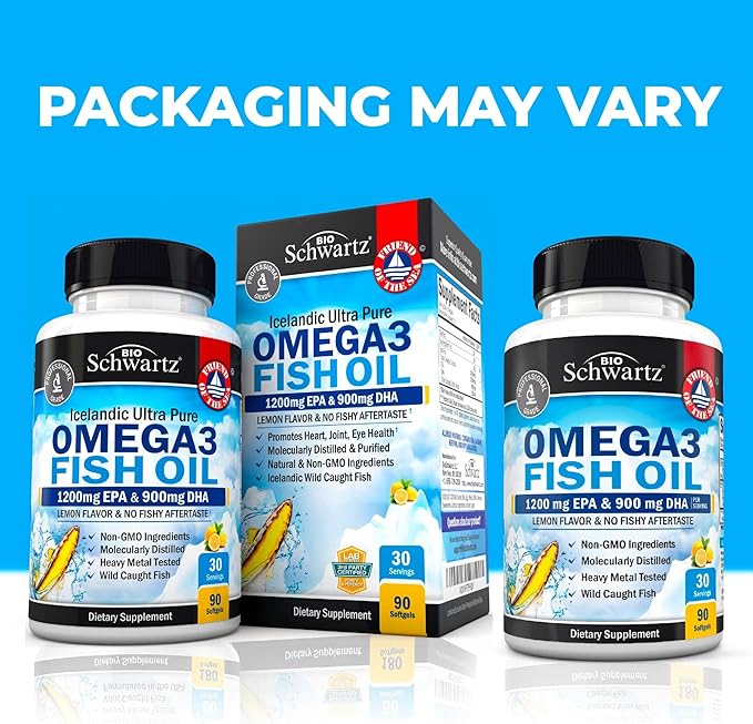 Triple Strength Omega 3 Fish Oil Supplement - 2250mg EPA DHA Omega 3 Fatty Acids from Fresh Wild Caught Fish, Burpless Lemon Flavor Formula Supports Eye Health and More, Gluten Free, 90 Softgels