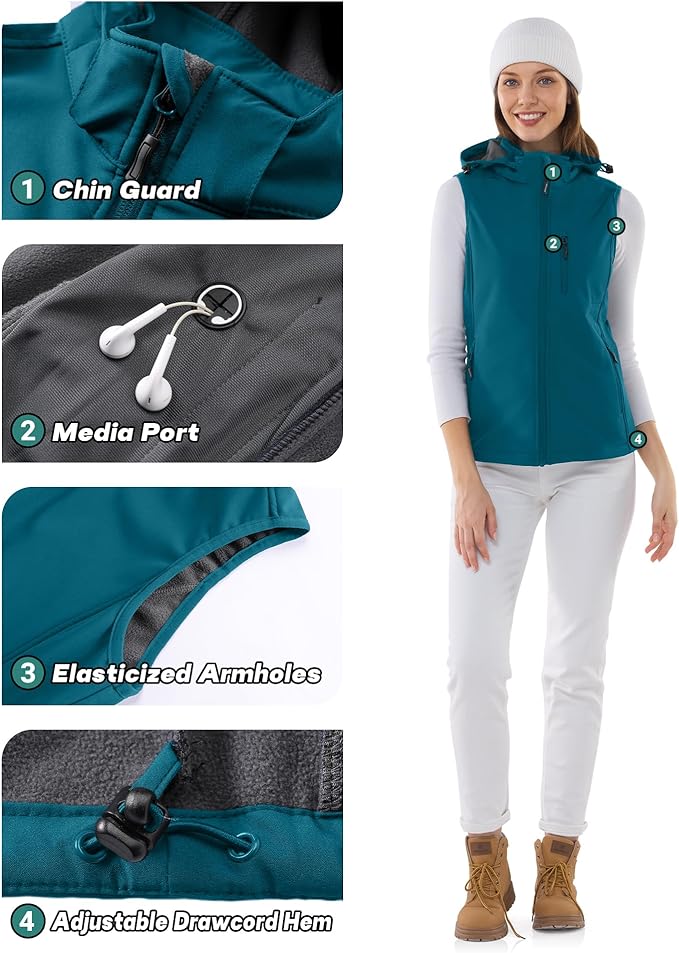 Outdoor Ventures Women's Hooded Lightweight Softshell Vest, Windproof Fleece Lined Sleeveless Jacket for Golf Running Travel