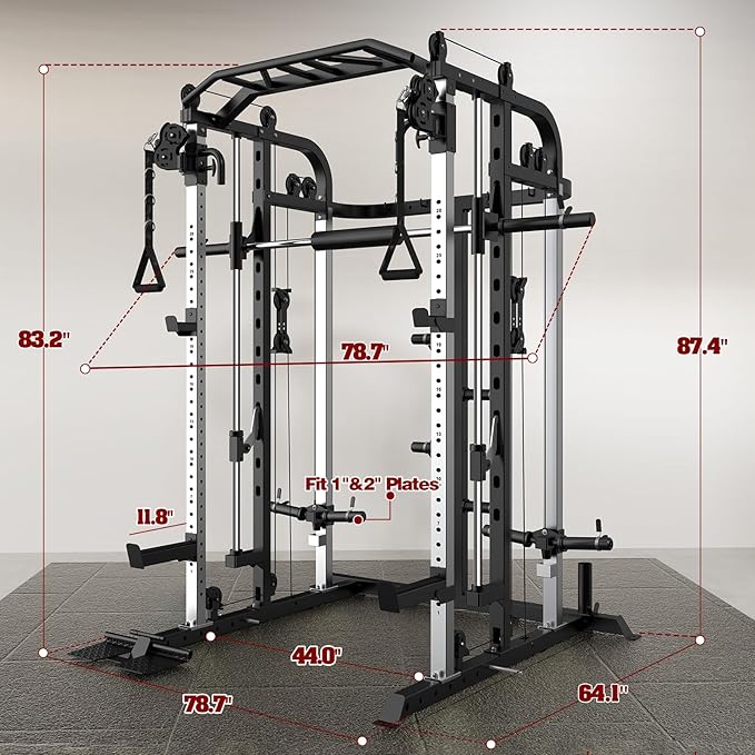 Smith Machine, Multifunctional Power Cage Rack with Smith Bar and Cable Pulley System, and LAT Pull Down Machine for Home Gym…