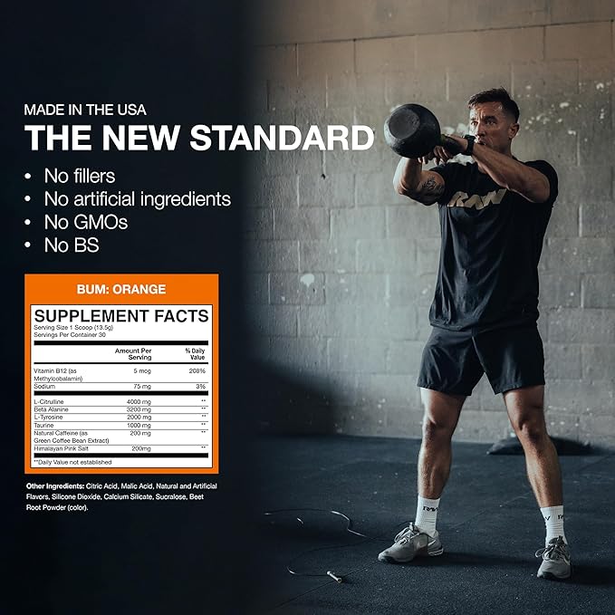 RAW Essential Pre-Workout Powder (Orange) - Chris Bumstead Sports Nutrition Supplement for Men & Women - Preworkout Energy Powder with Caffeine, L-Citrulline, L-Tyrosine, & Beta Alanine Blend