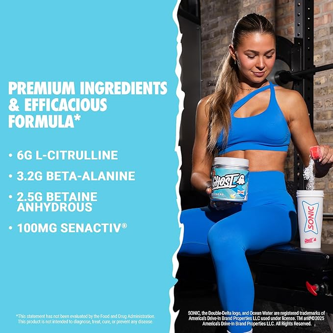GHOST Legend Pre-Workout Powder, Sonic Ocean Water - 30 Servings – Pre-Workout for Men & Women with Choline, L-Citrulline, & Beta Alanine for Energy & Focus