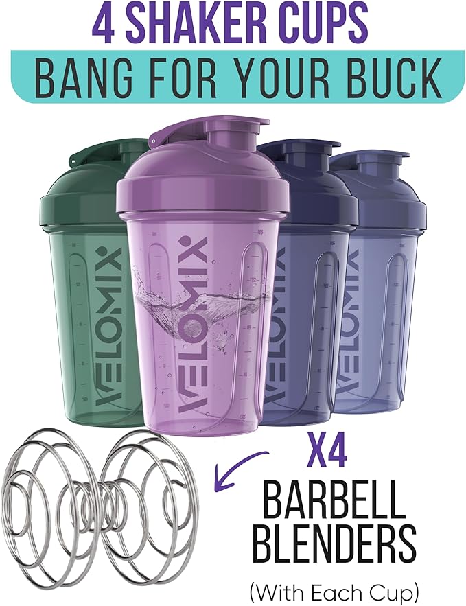 VELOMIX -4 PACK- 20 OZ Protein Shaker Bottles for Protein Mixes, Shaker Cups for Protein Shakes, Small Shaker Bottle Pack, Shaker Cup, Shakers for protein Shakes (Blue Mirage)