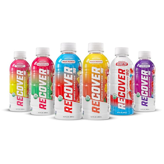 RECOVER 180 Organic Sports Hydration Drink, No Sugar Added, 20 Calorie Sports Beverage, Organic Flavors With Vitamins, Potassium-Packed Electrolytes (16.9 Fl Oz (Pack of 12), Variety Pack)