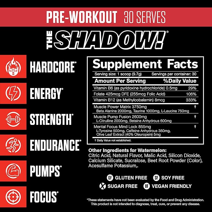 JNX SPORTS The Shadow! 350mg of Caffeine Hard Core Preworkout - Watermelon 30 Servings | Electric Energy, Mental Focus & Superhuman Strength for Men & Women