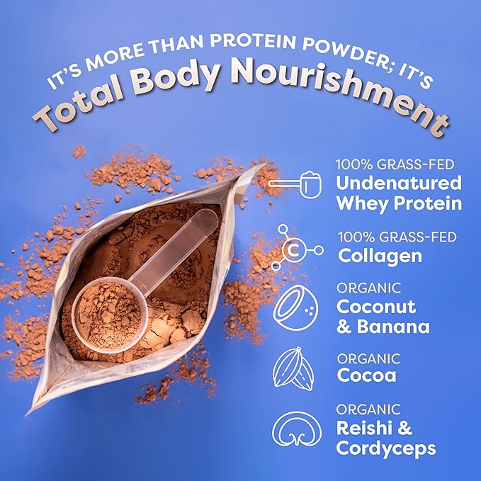 FlavCity Grass Fed Whey Chocolate Protein Powder - 25g Protein & 10g Collagen - Made with Organic Cocoa, Bananas & Coconut Milk - Gluten Free & No Added Sugars (20 Servings)