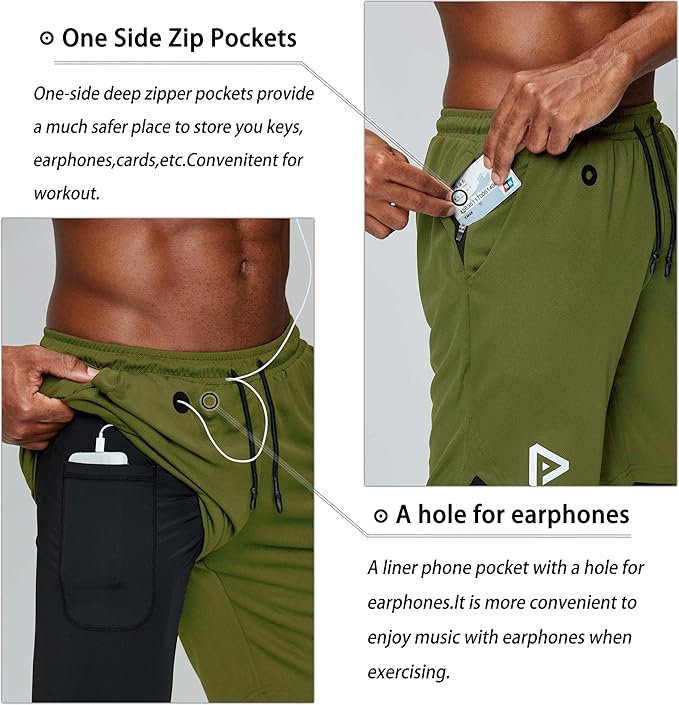 Pinkbomb Men's 2 in 1 Running Shorts Gym Workout Quick Dry Mens Shorts with Phone Pocket