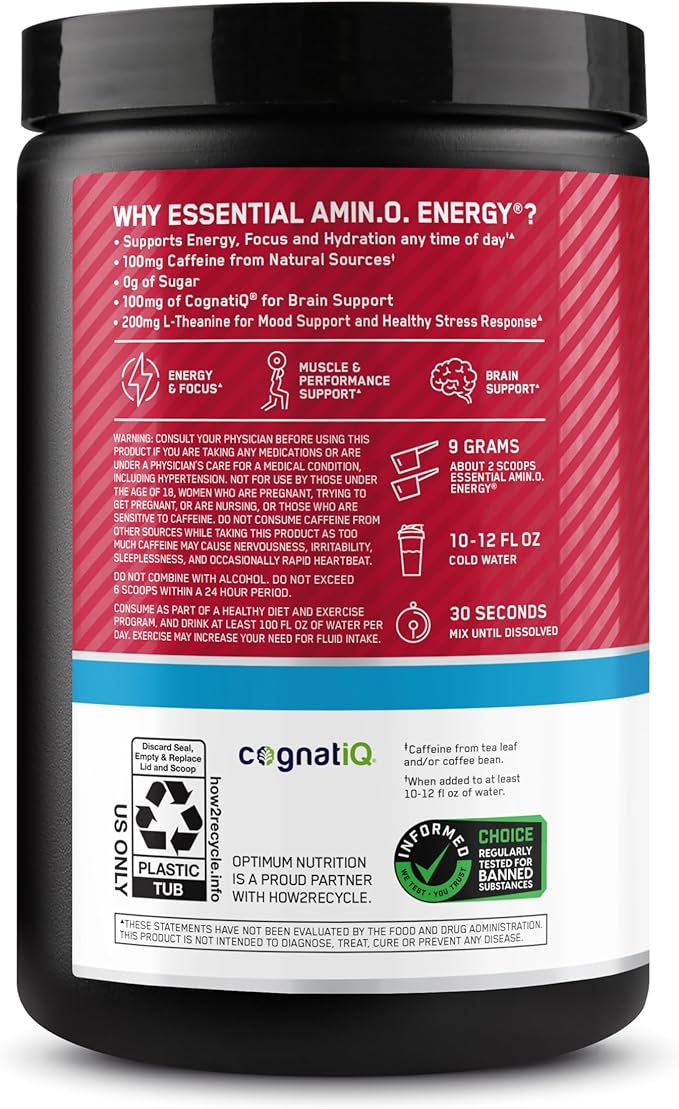 Optimum Nutrition Amino Energy Powder Plus Focus, with BCAA, Electrolytes, and Caffeine, Fruit Punch, 30 Servings (Packaging May Vary)