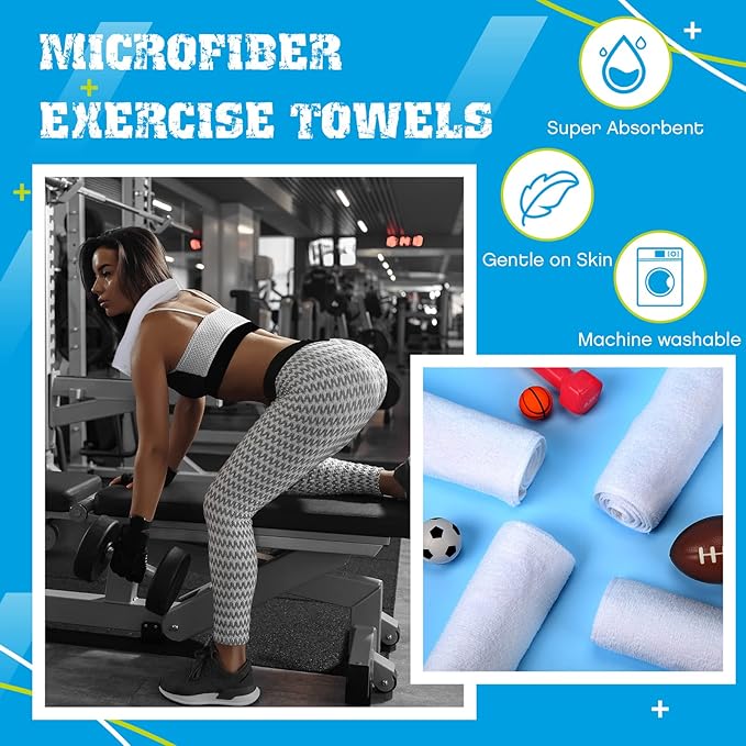 Handepo 12 Pcs Microfiber Workout Gym Towels, 360 GSM 12 x 30 Inch Gentle and Fast Drying Absorbent Towels for Men Women Yoga Travel Sports(White)