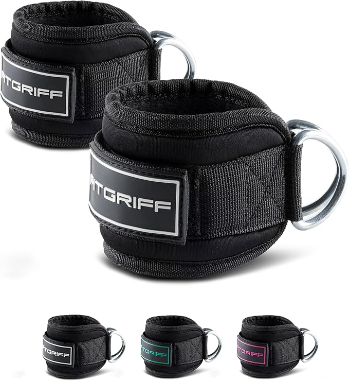Fitgriff® Ankle Straps V3 for Cable Machine (2 Pieces) - Gym Workout Equipment - Leg Pulley Attachment, Kickback Straps