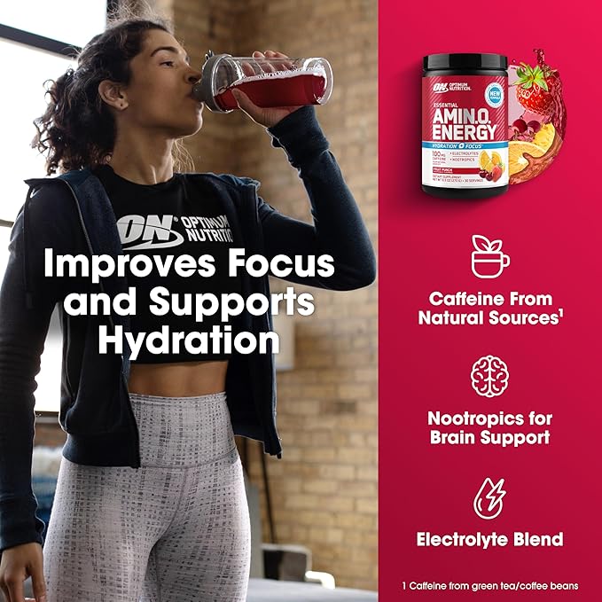 Optimum Nutrition Amino Energy Powder Plus Focus, with BCAA, Electrolytes, and Caffeine, Fruit Punch, 30 Servings (Packaging May Vary)