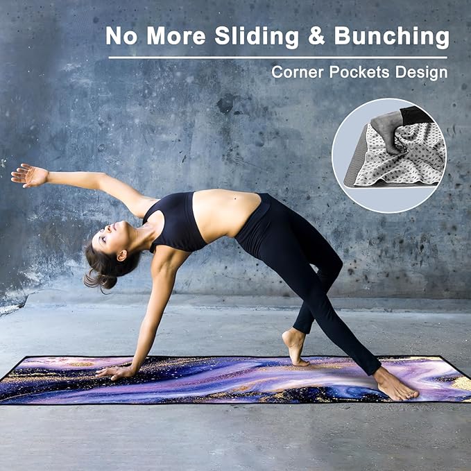 QIYI Large Yoga Mat Towel with Corner Pockets, Non Slip Sweat Absorbent Hot Yoga Towels, Soft Yoga Blankets with Travel Bag, Skidless Mat Cover for Workout, Gym, Fitness - 74"x26", Purple & Pink Grain