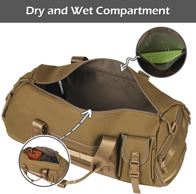 ArcEnCiel Medium Tactical Duffle Bag Men Gym Pack Molle Shoulder Bags Shoes Storage Sports Handbag with Patch(Coyote Brown)