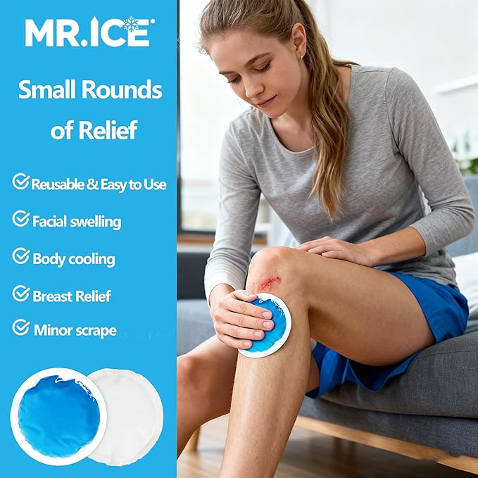 MR.ICE Small Round Ice Packs for Injuries Reusable Soft Gel Cold Packs Wrap for Kids - 12 Mini Ice Packs Cold Compress for Face After Surgery, Breastfeeding, Wisdom Teeth, Dark Circles, Kids Fever