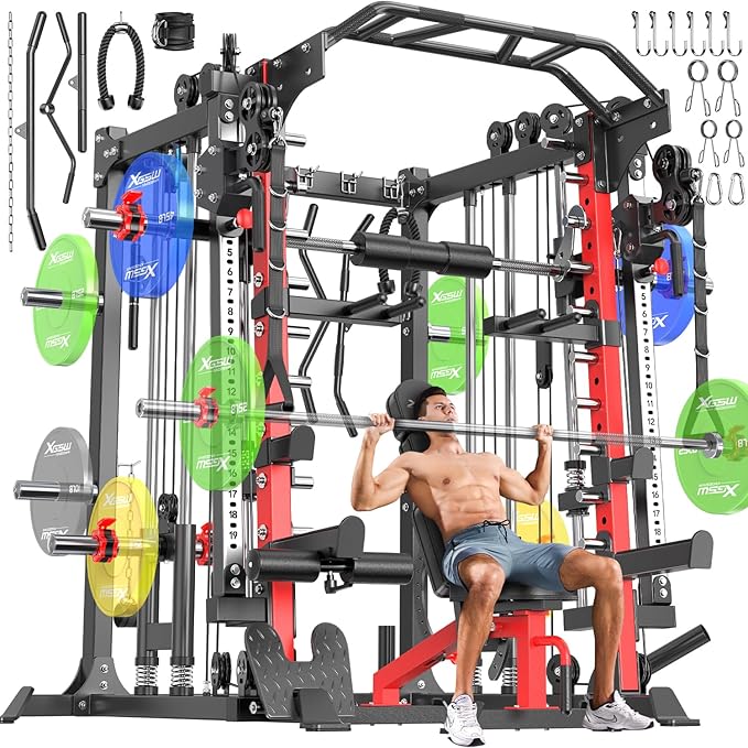Smith Machine with Cable Crossover System, Multi-Function Squat Rack Power Cage for Home Gym, Power Rack and Packages Weight Sets