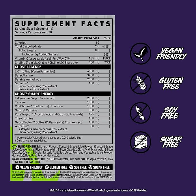 GHOST Legend Pre-Workout Powder, Welch's Grape - 30 Servings – Pre-Workout for Men & Women with Choline, L-Citrulline, & Beta Alanine for Energy & Focus