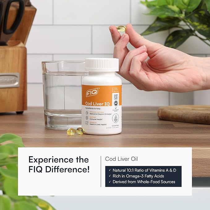 FIQ - Cod Liver IQ - Cod Liver Oil Softgels - Natural Source of Vitamins A & D and Omega-3 Fatty Acids - Heart, Liver & Immune Health - 100 Softgels