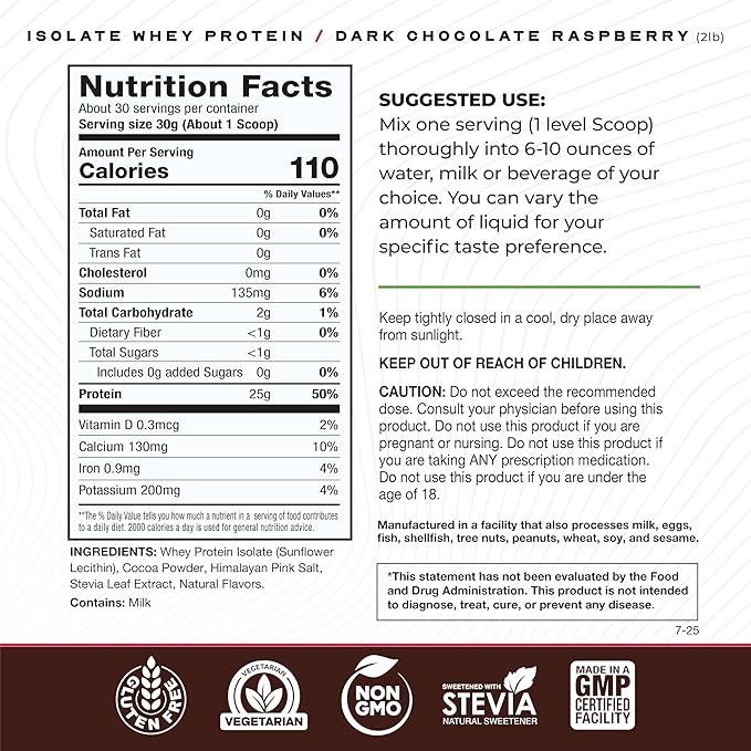 Muscle Feast Grass-Fed Whey Protein Isolate, All Natural Hormone Free Pasture Raised, Whey Isolate Protein Powder for Men and Women, Clean and Delicious, Gluten-Free - Dark Chocolate Raspberry, 2lb