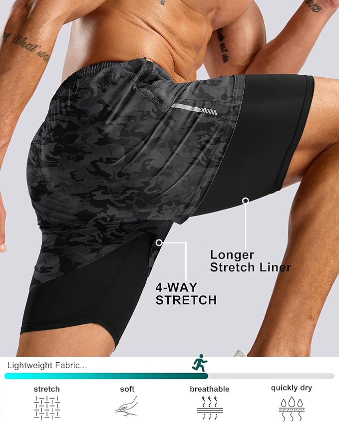 Pudolla Men's 7" Running Shorts with Zipper Pockets Quick Dry 2 in 1 Workout Gym Shorts with Liner for Tennis Yoga Training