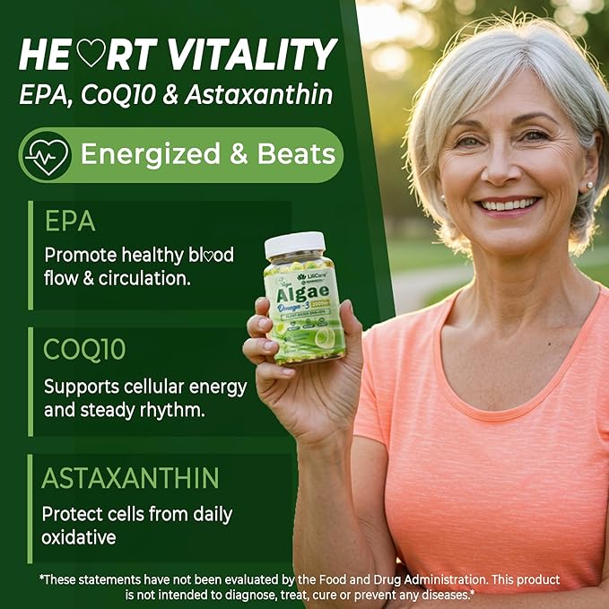 Omega 3 Gummies 2200mg from Algae Oil (DHA 640mg & EPA 290mg) for Women & Men, Vegan Omega 3 Fish Oil Alternative, w/CoQ10, Astaxanthin, Vitamin A, E, D3 for Brain, Eye, Antioxidant, Sugar Free, 1Pack