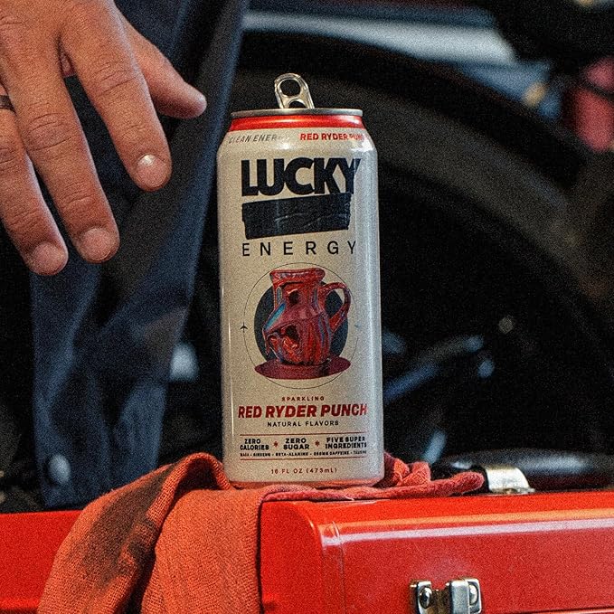 Lucky Energy Sugar Free Energy Drinks 16 Fl Oz Cans (12-Pack) Healthy Energy Drink. Red Ryder Punch with Maca, Ginseng, Taurine, Beta-Alanine, 200mg Caffeine (Packaging may vary).