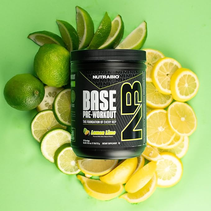 NutraBio Base Pre-Workout Powder 200mg Caffeine, Sustained Energy, Focus, Endurance, Pump, Sugar Free, Clean Preworkout for Men and Women - Beta Alanine, L-Tyrosine, 30 Servings - Lemon Lime