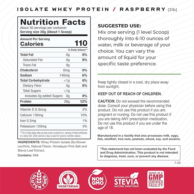 Muscle Feast Grass-Fed Whey Protein Isolate, All Natural Hormone Free Pasture Raised, Whey Isolate Protein Powder for Men and Women, Clean, Gluten-Free, Delicious Isolate Protein - Raspberry, 2lb